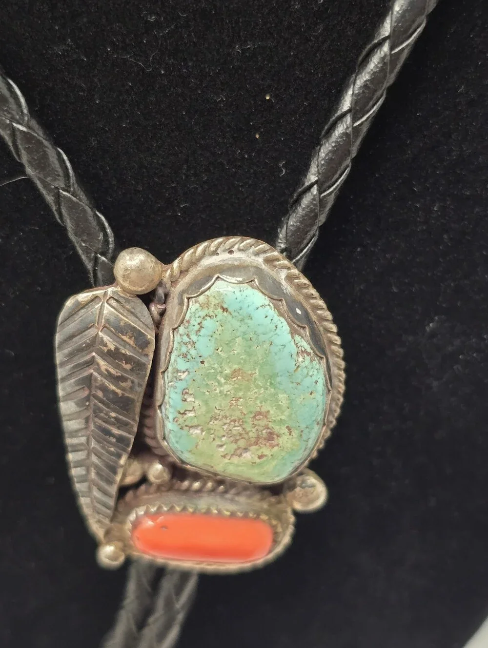 Vintage Native American Signed E&CR Sterling Silver Turquoise & Coral Bolo 36